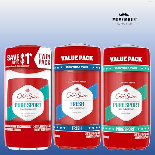 Old Spice Aluminum Free Deodorant For Men, High Endurance, 24/7 Sweat Defense & Odor Protection, 24/7 Freshness & Lasting Scent, Pure Sport Scent, 3.0 oz (Pack of 2)