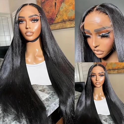 13x6 Straight Lace Front Wigs Human Hair 32 Inch HD Transparent Lace Frontal Wigs Straight Human Hair Wig for Women 200% Density Glueless Wigs Human Hair Pre Plucked with Baby Hair Natural Black
