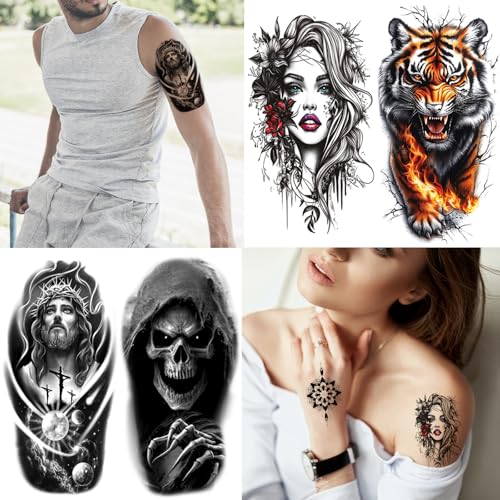 102 Sheets Halloween Tiny Temporary Tattoos Stickers, Fake Tattoos That Look Real And Last Long, Halloween Include Black Scary Wolf Lion Tiger Skeleton Skull Tattoos