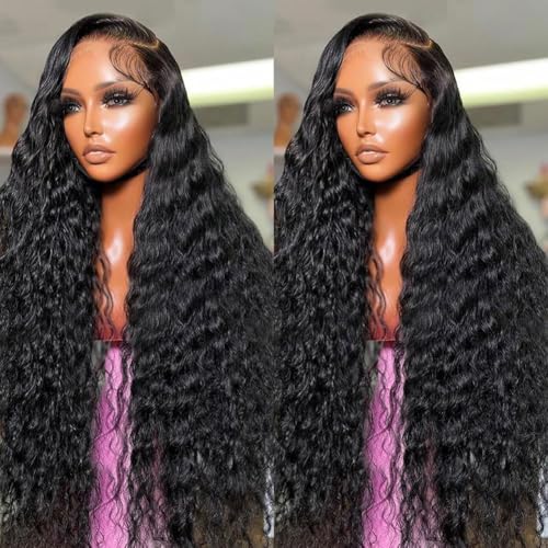 30 Inch 13x6 Deep Wave Lace Front Wigs Human Hair 200% Density HD Lace Front Wigs Human Hair for Women Pre Plucked Glueless 13x6 Deep Curly Wigs Human Hair Black