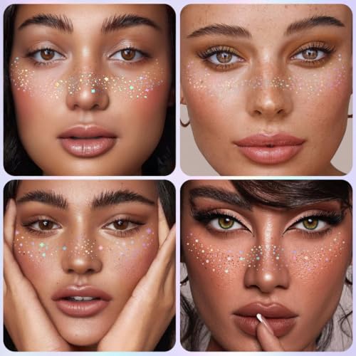 Freckles Face Tattoo, All-in-One Holographic & Gold Glitter, Waterproof and Sweatproof Sparkle Speckles Patches, Festival Cute Star Temporary Tattoo (Holographic&Gold)