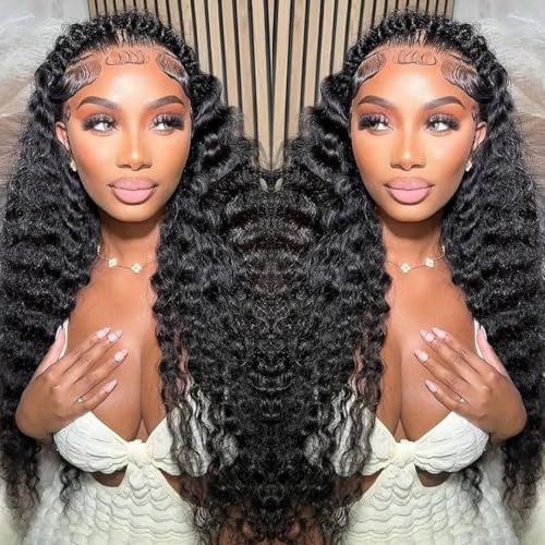 Nakkia 30 Inch Deep Wave Lace Front Wigs Human Hair 13x6 HD Transparent Lace Frontal Wig 180% Density Deep Curly Human Hair Pre Plucked Glueless Wigs for Women Natural Color