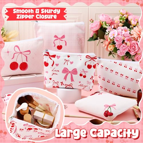 Kacctyen 18 Pcs Pink Cherry Bow Coquette Makeup Bag Cute Bow Canvas Cosmetic Bag for Women Girl with Zipper Aesthetic Travel Stuff Small Pouch for Birthday Party Favor