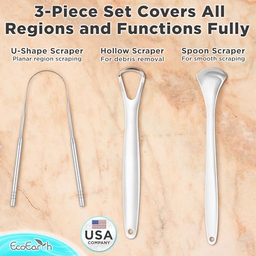 Tongue Scraper for Adults - 3 Pcs Metal Tongue Cleaner with Silver Storage Case - Tough Stainless Steel Mouth Scrubber for Fresh Breath & Oral Hygiene - by EcoEarth