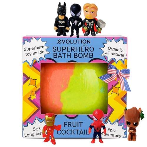 EvolutionUSA 1pc Epic Superhero Bath Bombs for Kids, Super Hero Bath Bomb with Toy Inside, Lush Children Bathbomb, Organic Bathbomb with Surprise Inside, Fizzy Fun Superhero Bath Ball Bath Toy
