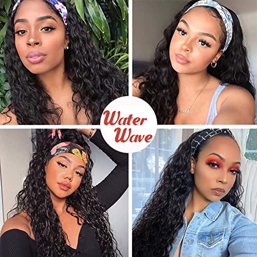 Water Wave Headband Wig Human Hair for Black Women 14 Inch Wet and Wave Headband Wig Brazilian Virgin Hair Glueless None Lace Front Water Wave Wigs Human Hair Natural Black 150% Density