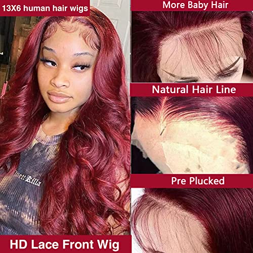 30inch Burgundy Lace Front Wigs 220% Density 13x6 Body Wave Lace Frontal Wigs Pre Plucked Glueless Red Wig Wine Red Lace Frontal Wigs for Women
