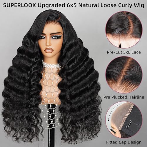 6x5 Wear And Go Glueless Wigs Human Hair 220% Density Lace Front Wigs Human Hair Loose Deep Wave Wigs Pre Cut Lace 12a Real Pre Bleached New Body Wave Wig (20inch, 5X6 Loose Curly Wig)