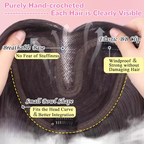 Hair Toppers for Women, 20 Inch Hand Tied Breathable Toppers Hairpieces for Women with Thinning Crown Middle Part Bangs Mix Human Hair Wavy Curly Lightweight Wiglets (Dark Brown Mixed Chestnut)