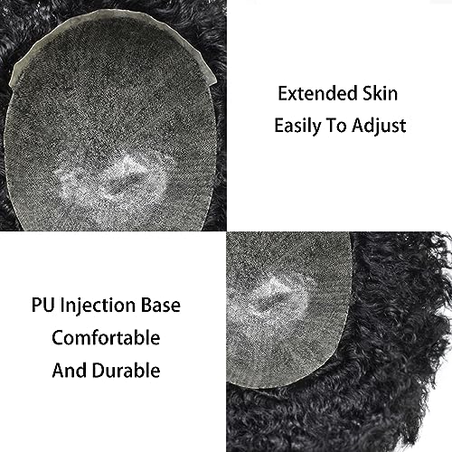 Afro Curly Toupee 0.1mm PU Base Human Hair Units for Black Men African American Afro Wavy Black Mens Hair System Brazilian Hair Wig8"X10"#1B Off Black-8mm Wave