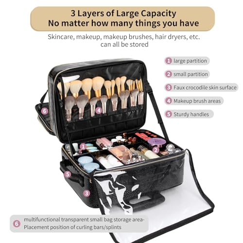 OCHEAL Rolling Makeup Train Case, 18" Carry On Travel Cosmetic Organizer Suitcase,Extra Large Trolley Makeup Storage Case On Wheels,3 Layers with 3pcs Traveling Bags for Hairstylist Cosmetology Artist