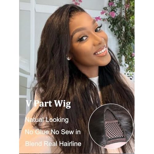 YIROO Hair V Part Wig Human Hair Kinky Straight Wig No Leave Out Upgraded U Part Wigs for Women 12A Yaki Straight Glueless Wear And Go V Shape Clip in Wigs Beginner Friendly 150% Density 20 Inch