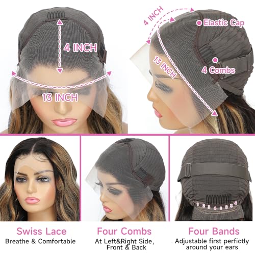 Avolo Ombre Lace Front Wig Human Hair Pre Plucked 1B/27 Highlight Wig Human Hair Body Wave 13x4 HD Lace Frontal Wigs Human Hair 180% Density Colored Wigs Human Hair skunk stripe wig 32 Inch