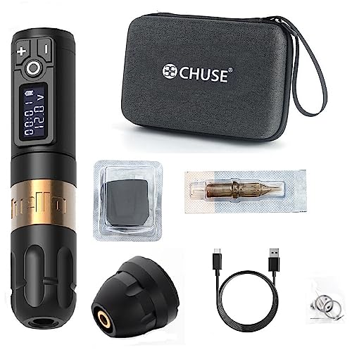 CHUSE Wireless Tattoo Pen Machine, Rotary Tattoo Gun Microblading Pen Permanent Makeup PMU Kit Supplies for Eyebrow Eyeliner Lip with 2,400mAh Battery Wireless Power 4.0mm Stroke (Gold)