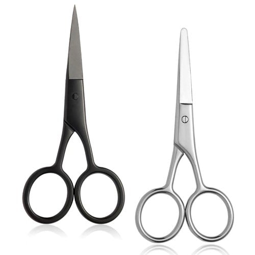 2PCS Small Grooming Scissors for Men and Women, Facial Hair Trimming Scissors with Straight & Rounded Safety Tips for Eyebrows, Nose Hair, Beard, Mustache, Eyelashes, and Ear Hair - Silver & Black