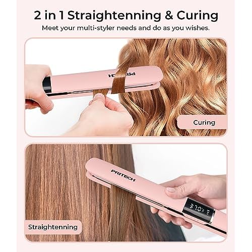 PRITECH Flat Iron Hair Straightener, Titanium Flat Iron with Adjustable Temp(290¡ÆF-450¡ÆF), 1 inch Plate for All Hairstyles Anti-Frizz Dual Voltage Straightening and Curler 2 in 1 (Pink)