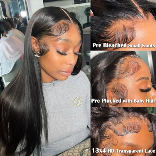 250 Density HD Lace Front Wigs Human Hair Pre Plucked Bleached Knots 13x4 Large Size Transparent Lace Frontal Wig with Baby Hair Silky Straight Human Hair Wigs for Women (Natural Color,20Inch)
