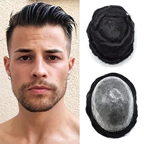 Mens Toupee Full Poly Mens Hair System Human Hair Durable Toupee for Men Hair Replcement System All PU Injection Hairpiece For Men8"X10"#1 Jet Black-120% density