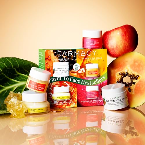 Farmacy Bestsellers Skin Care Set - Includes Green Clean Cleansing Balm, Wake Up Honey Eye Cream, Honey Halo Face Moisturizer + Lip Smoothie - Travel Size Skincare for Healthy, Glowing Skin (4 Count)