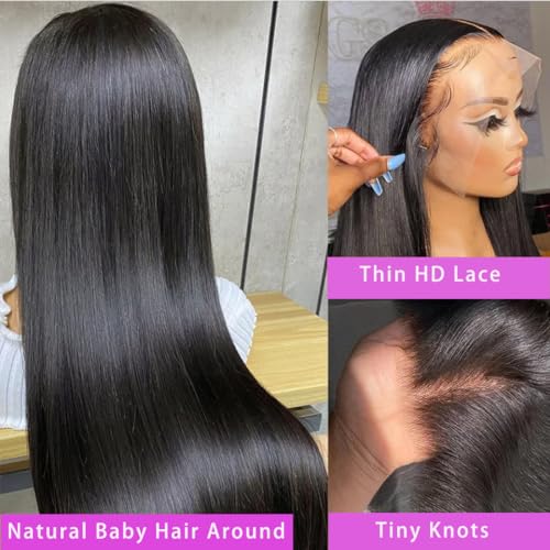 30 Inch 13x6 Straight Lace Front Wigs Human Hair Thin HD Glueless Pre Plucked Bleached Tiny Knots Full Lace Frontal Wig Upgraded 14A Soft Hair 200 Dentisty Black Wig