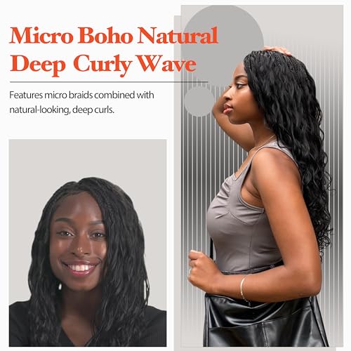 Micro Boho Natural Deep Curly Wave Box Braided Wig - Knotless Braided Wigs - Curly Hair Wig with Natural Baby Hair - Full Lace 360 Wig Korea beauty fiber (#1B118 Off Black and Burgundy, 24¡±)