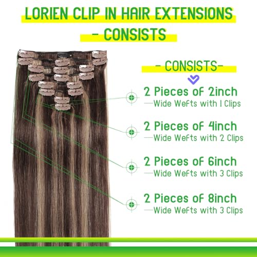 LORIEN Clip in Hair Extensions Real Human Hair, 24 Inch 120g, 2/6 Dark Brown to Chestnut Brown, Clip in 100% Brazilian Remy Human Hair Extensions 8pcs Per Set with 18 Clips Double Weft