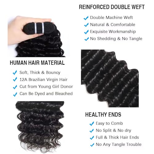 Great Grace 12A Deep Wave Human Hair Bundles 22 24 26 Inch Curly Bundles Human Hair 100% Unprocessed 3 Bundle Brazilian Virgin Human Hair Extensions Quick Weave Natural Black Color