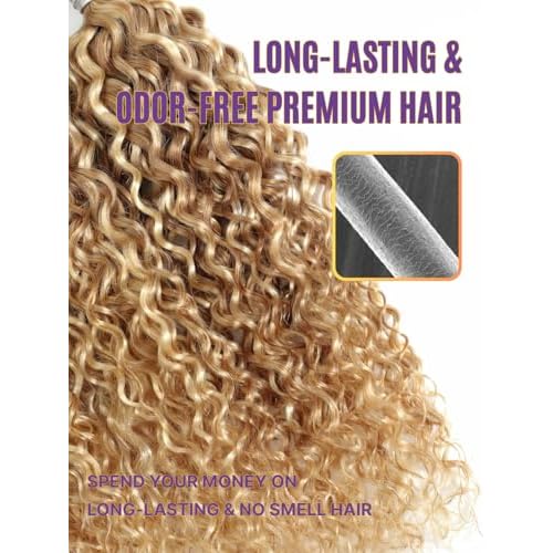13A 27/613 Human Hair Bundles Water Wave 16 18 20 Inch, Highlight Blonde Curly 3 Bundles Wet n Wavy 100% Raw Hair Keep Silky And Soft After Washing #F27/613 Highlight Honey Blonde Sew In Weave