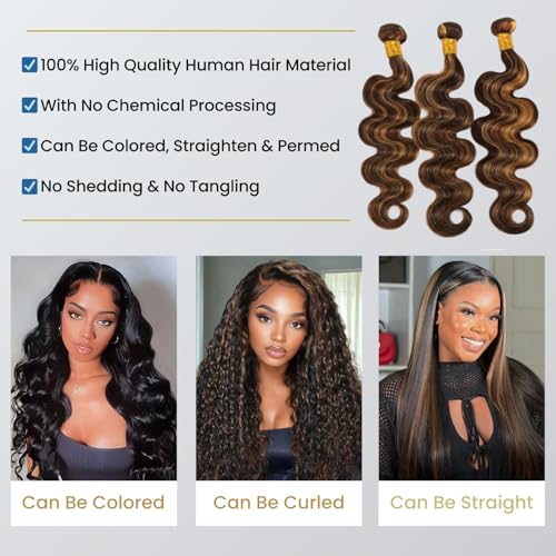 BQRIH 12A Brown Highlight Body Wave Bundles Human Hair 20 22 24 In Brazilian Virgin Wavy Weaves F1B/30 Black and Honey Blonde Ombre 3 Bundles Soft Balayage Colored Human Hair Extensions For Women Remy
