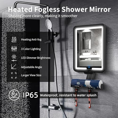Heated Shower Mirror Fogless for Shaving, Fog Free Large 9.5 * 7inch Shower Shaving Mirror with Light, Rechargeable Anti-Fog Shower Mirror with Storage Tray & Razor Holders