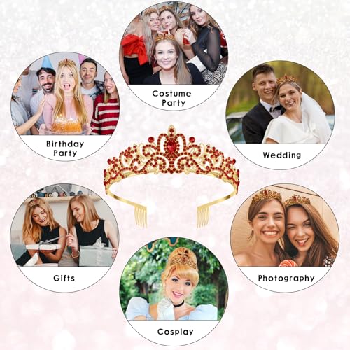 Red Crown Crystal Tiaras for Women Rhinestone Headbands for Girl Happy Birthday Princess Goddess Crown with Combs Elegant Headdress Decorations Bridal Wedding Prom Party Costumes Gift
