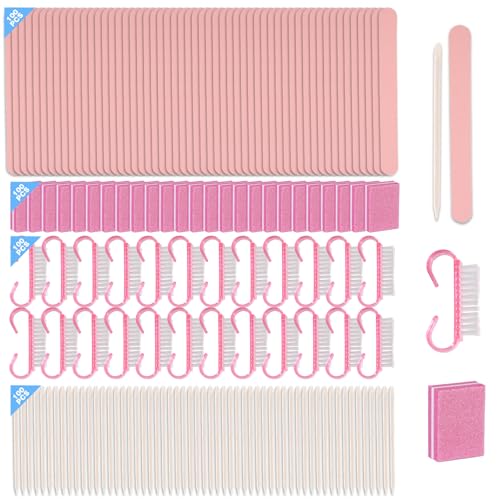 Disposable Manicure kit Press On Nail Tool Kit for Salon Home, Mini Nail Buffer, Nail File, Wood Stick, Nail Brush (Pink, 100 Set)