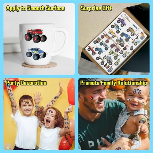 Monster Trucks Temporary Tattoo for Kids, 10 Sheets Monster Truck Fake Tattoos for Boys Party Favors, Goodie Bags Stuffers, Brithday Supplies Decorations