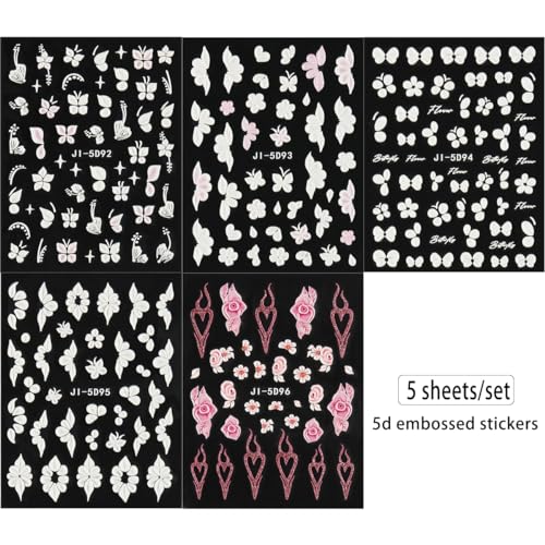 5D Embossed White Flowers Nail Stickers, 5 Sheets Self-Adhesive Floral Nail Decals, Spring Rose Butterfly Nail Art, 3D Acrylic Flowers for Manicure Decor