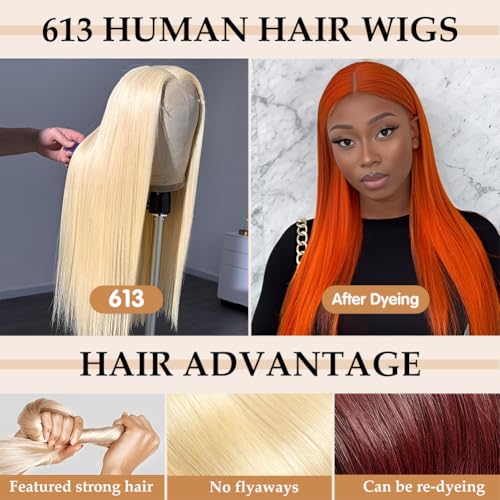 613 Lace Front Wig Human Hair 28 Inch Blonde Wig Human Hair Pre Plucked 180 Density 13x6 Straight HD Lace Frontal Wig Natural Hairline