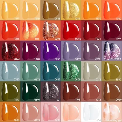 modelones 40 Pcs Gel Nail Polish Set, Thanksgiving Nude Brown Green Red Purple Orange Gold Jelly White Colors Blooming Gel Polish Kit with Base Coat & Matte Glitter Glossy Top Coat DIY Manicure Gfit