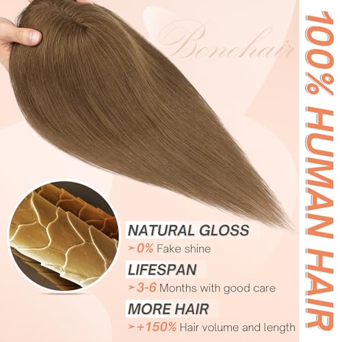 Benehair Hair Toppers for Women Real Human Hair 360¡Æ3D Clip in Bangs Toppers with Bang for Thinning 150% Density Hairpieces Long Coverage Wiglet for Daily Use #04 Medium Brown 14Inch