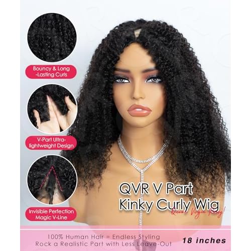 QUEEN VIRGIN REMY QVR Lace V-Part Wig Human Hair Kinky Curly No Leave Out V Shape Full Head Clip In Half Wig with Drawstring Natural Black Curly U Part Human Hair Wig for Black Women 18 Inch