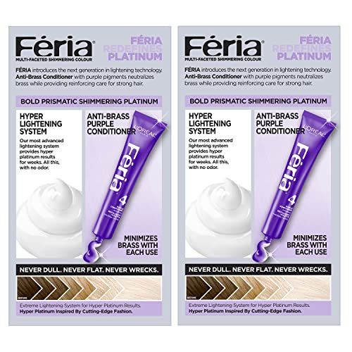 L¡¯Oreal Paris Feria Hyper Platinum Hair Bleach, Lifts Up To 8 Levels, Includes Anti Brass Purple Conditioner, Hyper Platinum Blonde Hair Dye Kit, Pack of 2