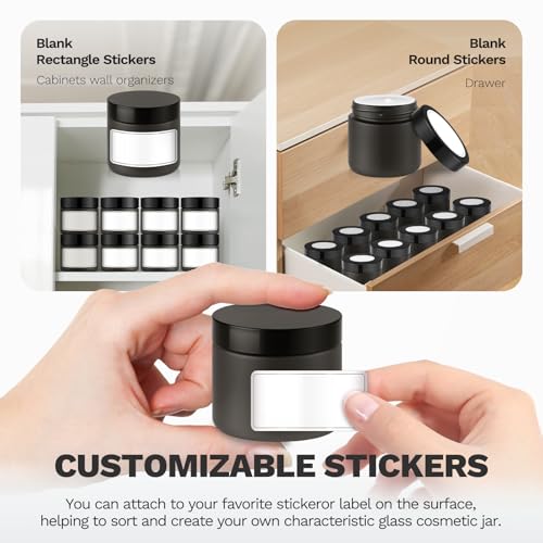2 oz Glass Jars with Lids, Bumobum 48 pack Black Cream Jars with Black Lids, Black and White Labels & Inner Liners, Empty Cosmetic Containers for Cream, Lotion, Ointment
