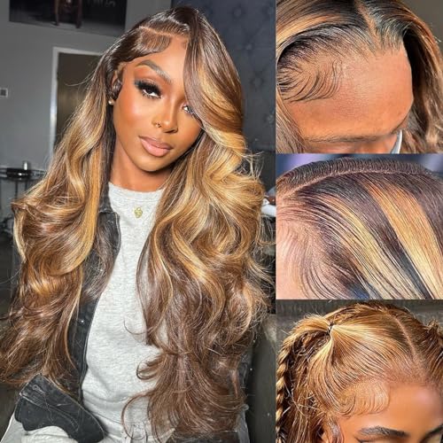26 Inch 180% Density Ombre Lace Front Wig Human Hair 13x4 HD Transparent Body Wave Lace Front Wigs Human Hair 4/27 Colored Honey Blonde Lace Front Wig Human Hair Highlight Glueless Wigs