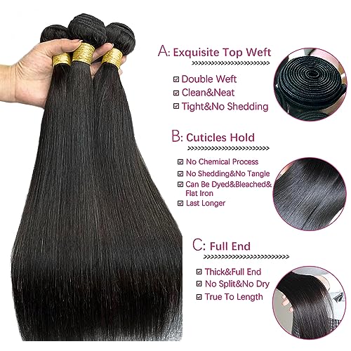 Straight Human Hair Bundles One-Directional Cuticles 14 16 18 Inch 3 Bundles Human Hair Weave 12A Unprocessed Brazilian Virgin Human Hair Extensions¡¦