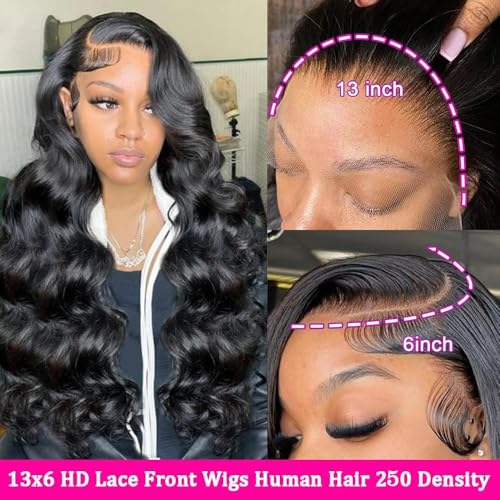 Lzlefho 28 Inch 13x6 Body Wave Lace Front Wigs Human Hair Pre Plucked 250% Density HD Lace Frontal Wig Human Hair For Women Body Wave Glueless Wigs With Baby Hair