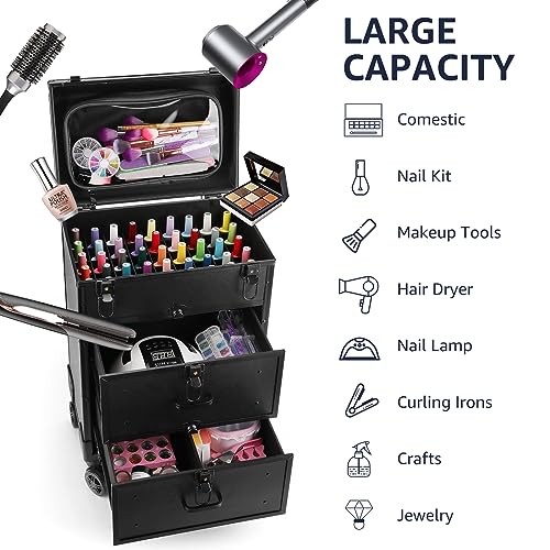 Yokilly Rolling Makeup Train Case, Professional Cosmetology Case on Wheels, Aluminum Cosmetic Trolley Travelling Cart Trunk with Swivel Wheels, Sliding Drawer & Keys for Nail Technician Stylist(Black)