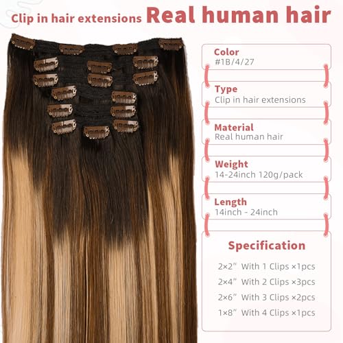 human hair clip in extensions,Soft&Natural clip in hair extensions real human hair 120g 7pcs Straight (24 Inch, 1B/4/27)