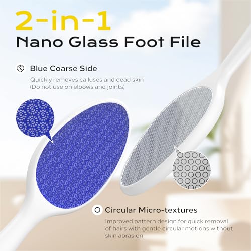 Foot File, Nano Glass Foot File Callus Remover with Handle, 2-in-1 Foot Scrubber Dead Skin Remover, Gentle Exfoliation Foot Buffer Pedicure Tools for Feet-Blue