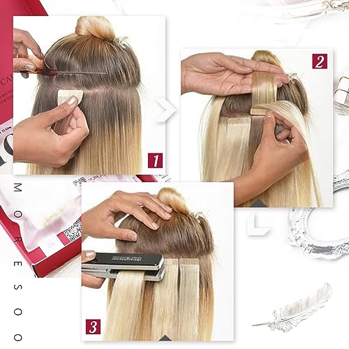 Moresoo Tape in Hair Extensions Brown Human Hair Tape in Extensions Balayage Brown and Blonde Long Thick Glue in Extensions Straight Silky Human Hair 40Pcs 100g 24 Inch