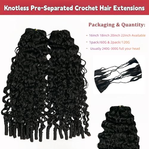 100% Human Hair Knotless Pre-Separated Crochet Hair Extensions with Spiral End Feather Hair Water Curly Feather Line Hair Extensions Natural Color 18Inch 120g