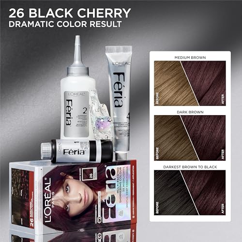 L¡¯Oreal Paris Feria Multi-Faceted Shimmering Permanent Hair Color, High Intensity Hair Dye for 3X Highlights, 26 Black Cherry (Deepest Magenta), 1 Hair Dye Kit
