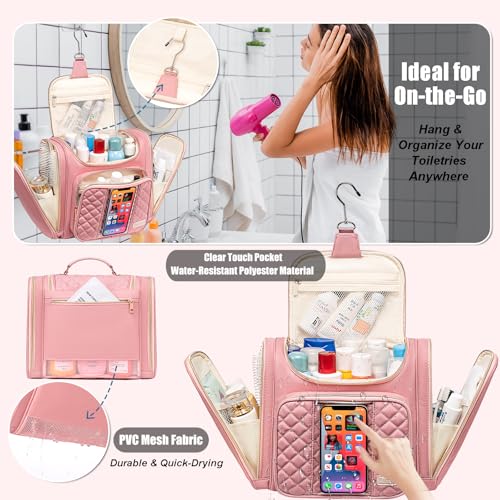 Travel Toiletry Bag for Women, Hanging Toiletry Bag, Bathroom Bag Portable Shower Caddy for College Dorm Travel Shower Bag for Women Water-Resistant Cosmetic Makeup Bag (Pink)